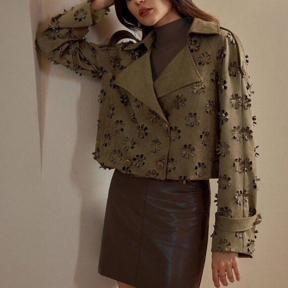 Khaki Casual Women's Collar 3d Laser Floral Embossed Jacket Coat - Picture 8 of 8